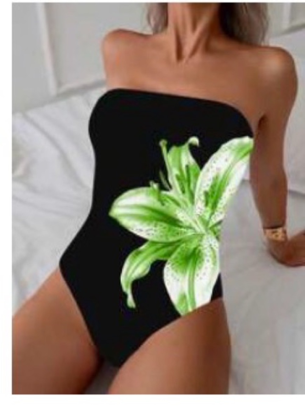 Strapless Black One-Piece Swimsuit with Green Lily Print